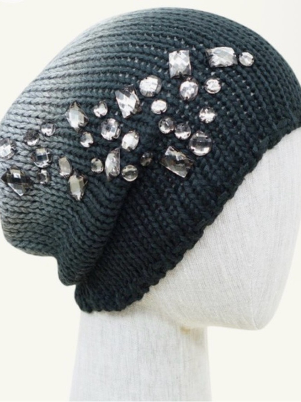 Embellished Knit Slouch Beanie - Dark Gray